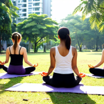 **

A diverse group of people participating in a free community yoga session in a park in Vietnam, with trees and modern apartment buildings in the background. Focus on relaxation and togetherness. Sunlight filtering through the trees.

**