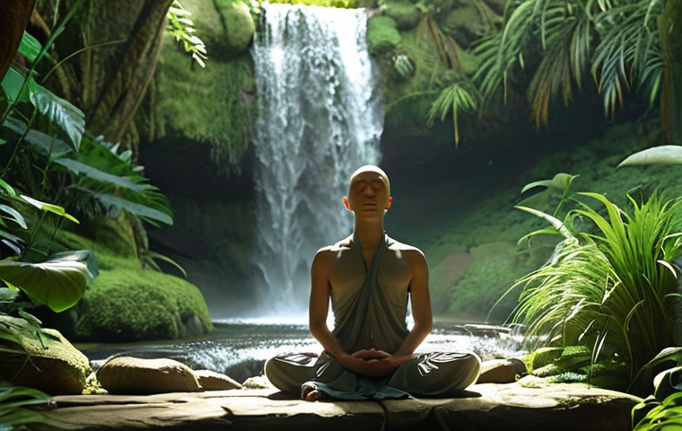 **

A person meditating peacefully in a serene natural setting, surrounded by lush greenery and a gentle waterfall, symbolizing mindfulness and inner peace. Soft, diffused lighting.

**