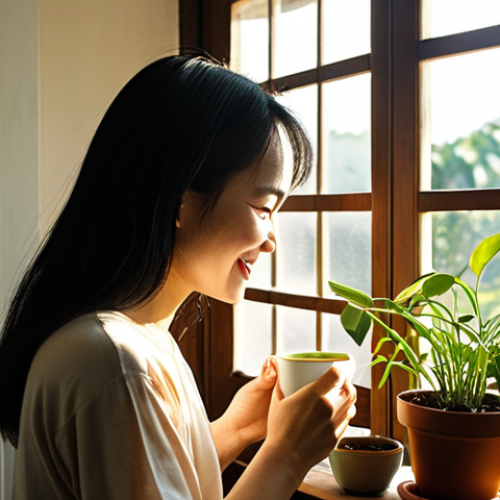 Home 17 **
Prompt: Serene morning scene. A Vietnamese woman opens a window letting in sunlight, tending to potted plants. She's smiling, holding a cup of tea. Focus on the warm, natural light and peaceful atmosphere.
**