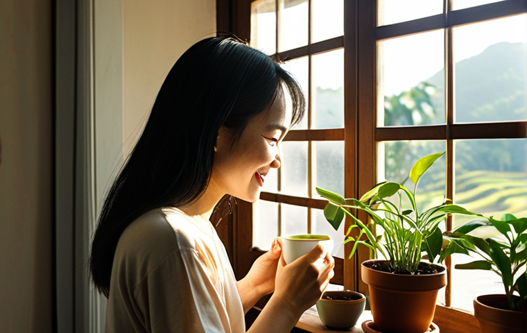 **

Prompt: Serene morning scene. A Vietnamese woman opens a window letting in sunlight, tending to potted plants. She's smiling, holding a cup of tea. Focus on the warm, natural light and peaceful atmosphere.

**